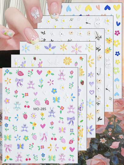 3/6 Sheets Cute Pastel Flower Nail Stickers 5D Fruit Heart Butterfly Bunny Nail Decals Soft Girl DIY Manicure Decorations