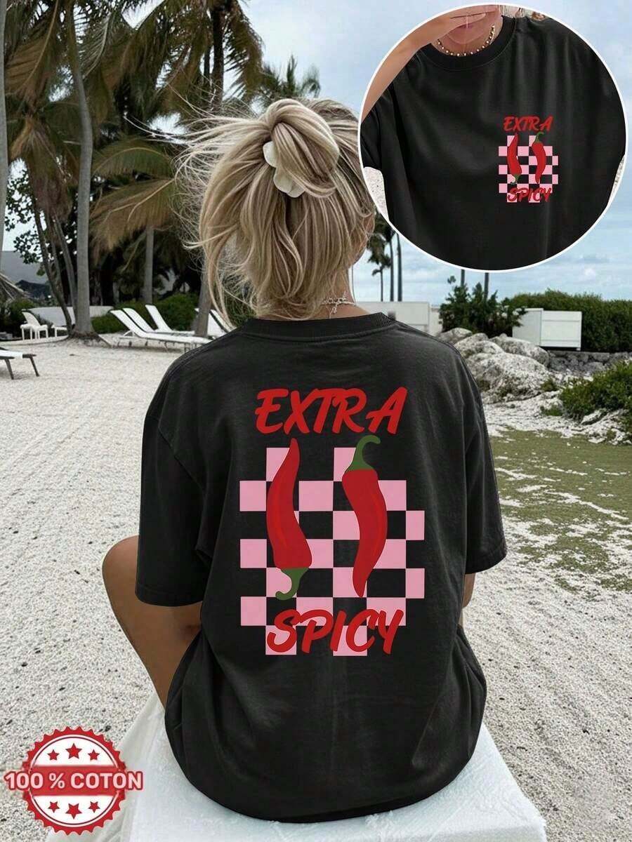 Women's Summer T-Shirt, 1 Piece, Round Neck And Drop Shoulder Graphic Print T-Shirt - Short Sleeve - Casual Top For Spring And Summer - Women's Clothing, Graphic T-Shirts, Vintage T-Shirts, 180g 100% Cotton (Sizes S-3XL) Plus Size, Suitable For Outdoor Outings And Urban Use. - 黑色 - 查看 1