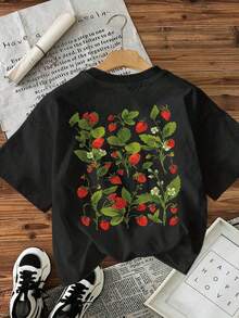 [Print] Short-Sleeved, Round-Neck T-Shirt In Pure Cotton, Decorated With A Hand-Drawn Strawberry And Leaf Motif. Summer T-Shirt. - Black - View 3