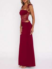 Women's Spring/Summer/Autumn Solid Red Spaghetti Strap Slim Fit Dress With Lace Patchwork, Waist-Flattering, Slimming, Vacation Style, Elegant Party Dress - Fiery Red - View 4