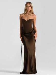 New Arrival Solid Strapless Dress Set High Waist With Bow Flowy - 紫紅色 - 查看 3