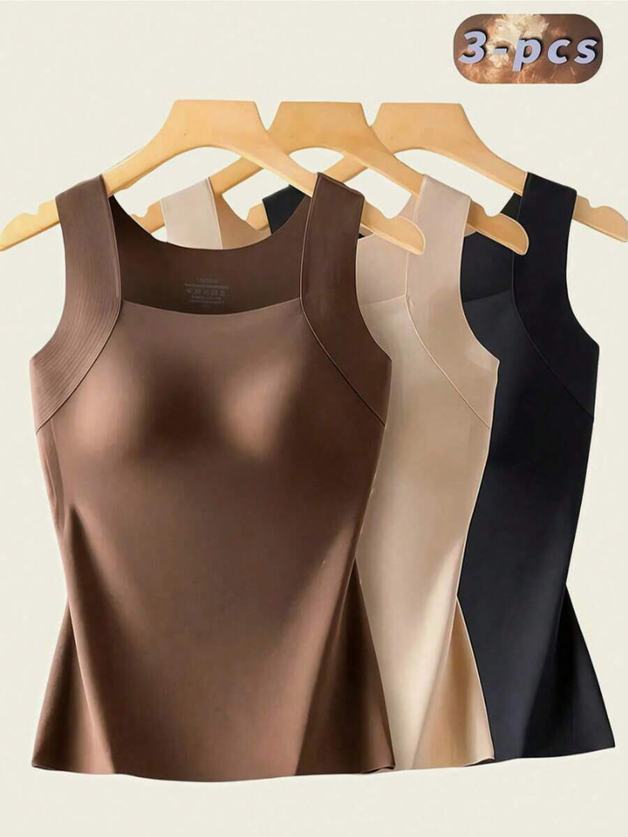 3pcs Women's Seamless Tank Top With Built-In Bra - Spring & Summer Slim-Fit Lifting, Skin-Friendly Base Layer, Sleeveless Wide Straps, Solid Black/Apricot/Brown, Smooth Washable Fabric, All-Season & Spring-Summer Daily Layering - Multicolor - View 1
