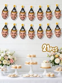7/14/21pcs Custom Party Hat Birthday Photo Paper Banner, Personalized Face Cutout Garland, Black & Gold Party Hat Banner, Personalized 30th, 40th, 50th, 60th Birthday Gift For Him, Party Decor, Birthday Decorations, Milestone Celebration - Multicolor - View 13