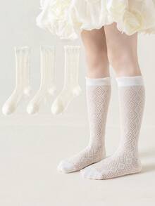 3 Pairs Girls Mesh Socks, Breathable Hollow Out Socks, Princess Style For Summer Girls' Socks Children's Socks - Beige - View 1