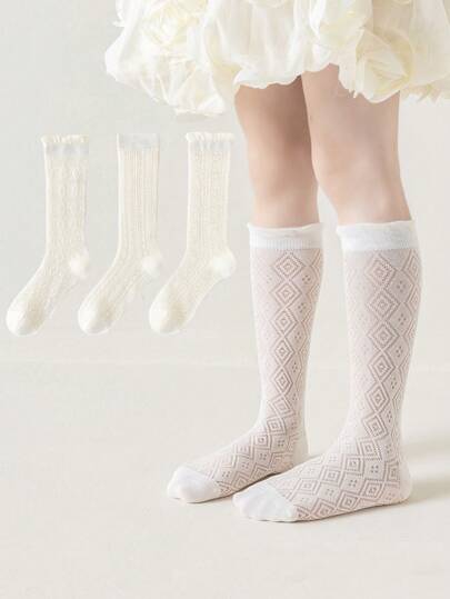 3 Pairs Girls Mesh Socks, Breathable Hollow Out Socks, Princess Style For Summer Girls' Socks Children's Socks