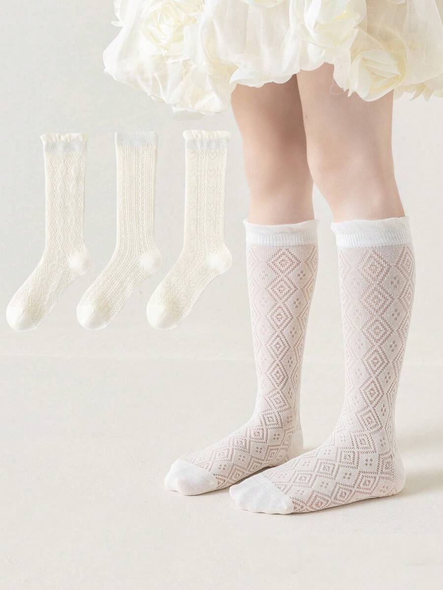 3 Pairs Girls Mesh Socks, Breathable Hollow Out Socks, Princess Style For Summer Girls' Socks Children's Socks - Beige - View 1