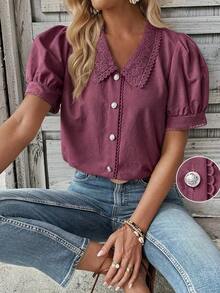 Camisa casual de mujer de manga corta con encaje de contraste - Morado - Ver 8