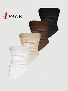 Top bustier de múltiples piezas con pliegues en la cintura atados a los lados, top tubo con estampado retro, top de primavera, top para salir, tops sexy, top de graduación, tops lindos, tops sin tirantes, paquete de 4 tops tubo, para fiesta, cas - Multicolor 2 - Ver 2