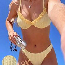 Swim Mod 2pcs Women's Beach Outfit, Fashion & Cute Resort, Beach, Party, Yacht Wear, Textured Fabric, Fill Trim, Adjustable Soft Cup Bra Top And Adorable Bikini Bottoms Set - Amarillo - Ver 2