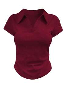 Camiseta casual versátil de mujer con cuello y mangas cortas plisadas - Negro 2 - Ver 5