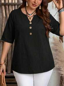 Camisa de mujer de estilo minimalista casual con microrayas azules, adecuada para primavera/verano, con vibra de resort - Negro - Ver 6