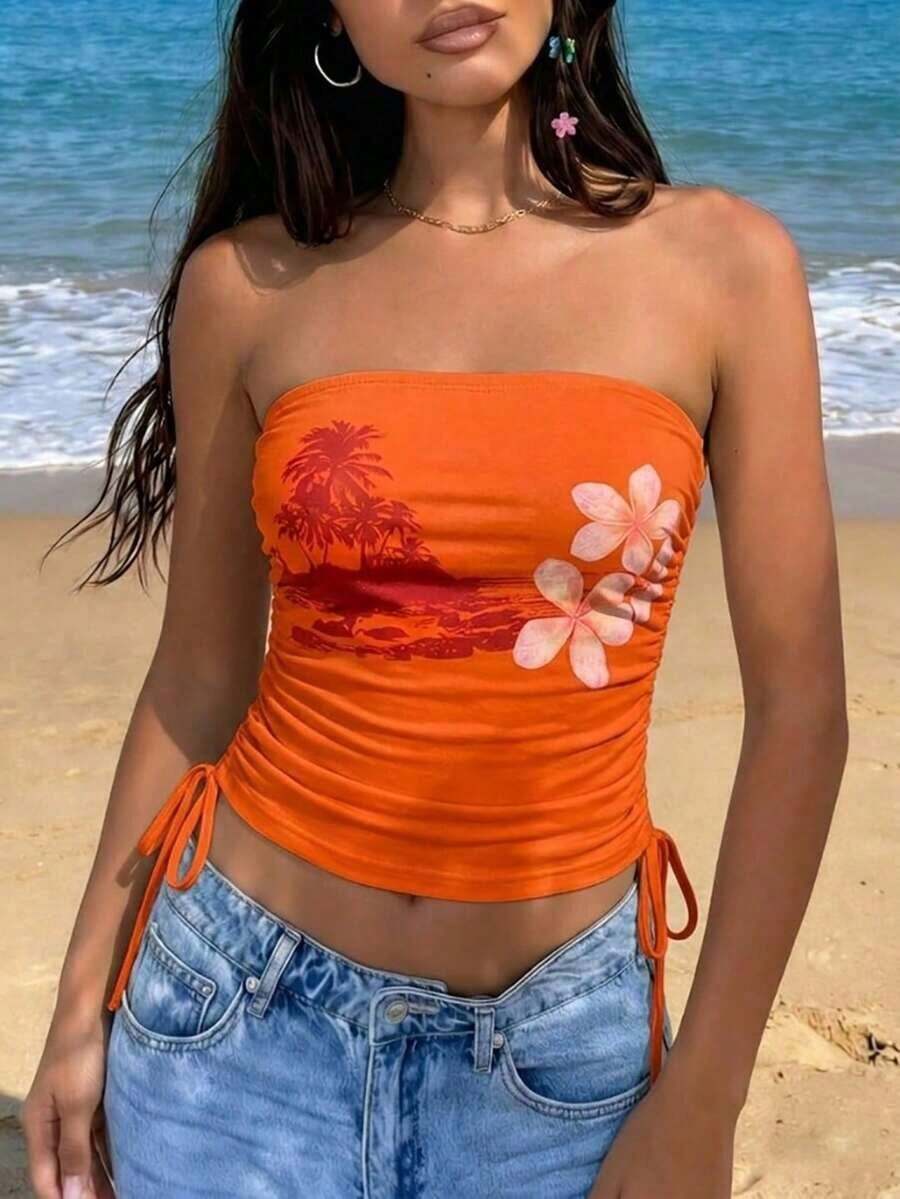 Top bandeau con diseño de cordón lateral y estampado floral para mujer - Multicolor 3 - Ver 1
