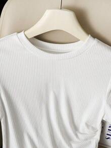 Camiseta casual de mujer de unicolor, cuello redondo, manga corta con bajo asimétrico - Blanco - Ver 7