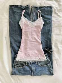Camiseta de tirantes elegante y estilizada con estampado de lunares y encaje en contraste, estilo vacacional para mujer - Rosa - Ver 5
