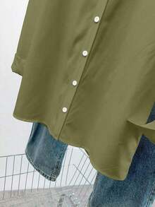 Camisa casual de mujer de un solo pecho de manga larga con hombros caídos y unicolor - Verde militar - Ver 4