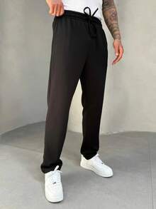Pantalón casual de ajuste relajado con cordón para hombres - Negro - Ver 6