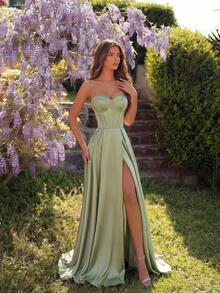 Vestido maxi de línea A con escote corazón, tirantes finos, cintura alta, abertura alta en la espalda y cruzado con lazo, unicolor elegante, adecuado para baile de graduación, invitada de boda, fiesta de bienvenida, cita, cena formal, fiesta de cumpleaños, fiesta de vacaciones en primavera - Verde - Ver 7