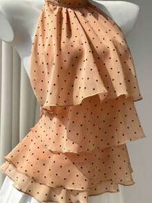 Blusa elegante sin mangas con cuello de tortuga, volantes y lunares para el verano - Naranja - Ver 7