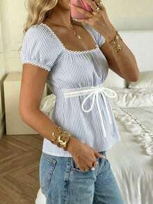 Camiseta casual de mujer con estampado de lunares y cintura con lazo en color amarillo - Multicolor 4 - Ver 3