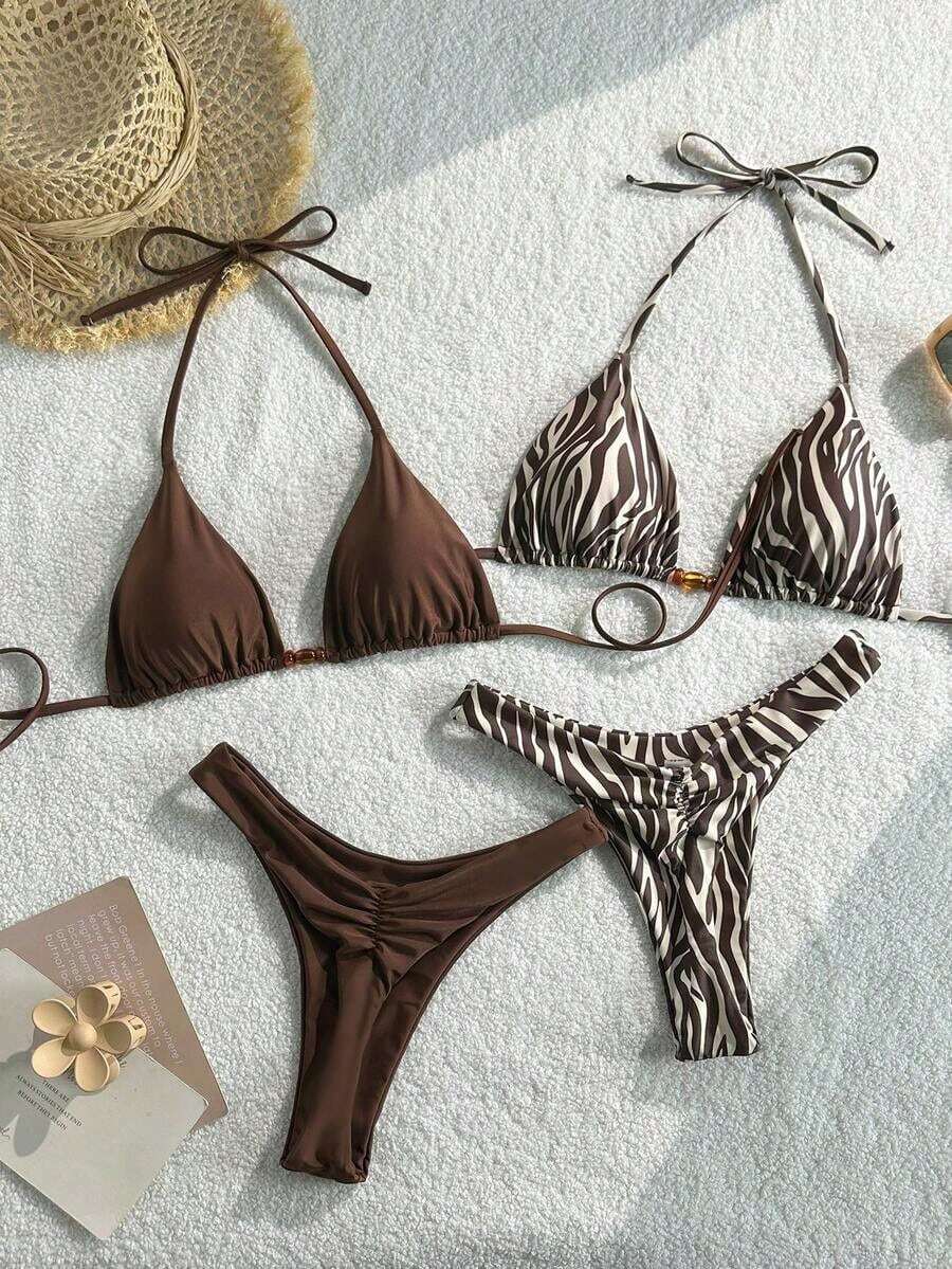 Conjunto de traje de baño de 4 piezas con cuentas marrón y a rayas, para primavera/verano 2026, conjunto de bikini de alta gama para resort de playa - Multicolor 8 - Ver 1