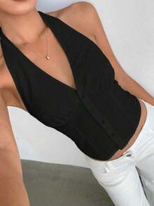 Blazer delgado de mujer de un solo pecho con cuello alto a rayas de algodón para otoño/invierno - Negro - Ver 8