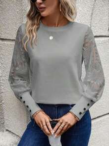Blusa de mujer con mangas de encaje floral, parches y tejido de gofre, color blanco - Gris - Ver 7