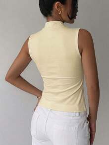 de estilo chino retro con cuello de cheongsam para mujer, top negro casual, top de pullover adecuado para vacaciones, fiestas, elegante para mujer, uso diario casual.Top negro sin mangas de cuello alto, top negro de verano - Amarillo claro - Ver 2