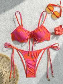 Conjunto de bikini para mujer con top de tirantes con aros y sujetador push-up con estampado digital y Bottom con lazos laterales, para primavera/verano - Naranja 2 - Ver 7