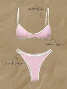Conjunto de bikini con tirantes de espagueti de tela jacquard para mujer, primavera/verano - Rosa - Ver 4