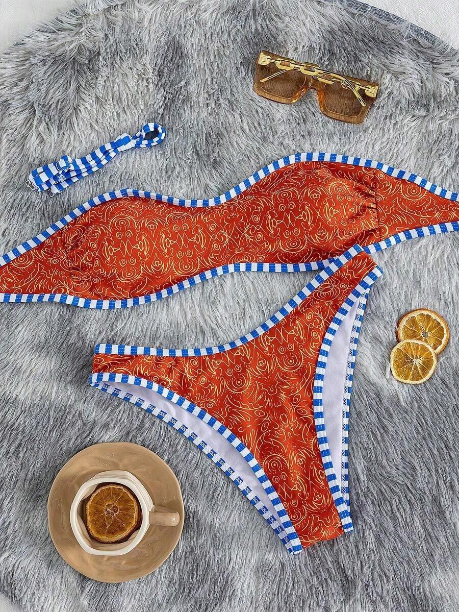 Set de 2 piezas Bikini bandeau con estampado floral rosa para mujer, con tirantes desmontables adecuado para vacaciones en la isla y sesiones de fotos en la playa en verano - Multicolor 15 - Ver 1