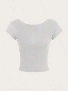 4 piezas Camisetas de mujer de cuello redondo, ajustadas, con espalda descubierta y diseño minimalista de patrones, adecuadas para el verano - Multicolor 12 - Ver 11