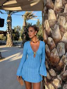 Vestido de manga larga de punto para mujer, estilo de vacaciones en la playa - orquídea clara - Ver 4