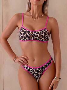 Set de 2 piezas Bikini bandeau con estampado floral rosa para mujer, con tirantes desmontables adecuado para vacaciones en la isla y sesiones de fotos en la playa en verano - Multicolor 17 - Ver 3