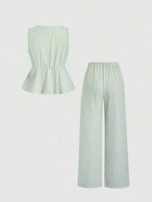 Set de 2 piezas: Pantalones rectos con cordones y rayas, estilo callejero para mujer, verano - Verde militar - Ver 3