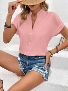 Blusa casual de verano de unicolor con botones delanteros y mangas cortas para uso diario - Rosa - Ver 4
