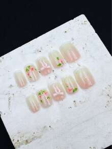 10片装手工美甲套装，浅粉色短梯形，香氛法式美甲贴纸，覆膜美甲，新年美甲，情人节美甲，UV灯美甲 - 淺粉色 - 查看 4