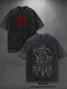 1 Unisex Fashion Crew Neck T-Shirt, Printed On Both Sides, Made Of Cotton With A Demon And Goat Skull Design. | Machine Washable | Comfortable In All Seasons | 100% Pure Cotton | Retro Japanese Street Style, Loose Fit, High-Quality Promotional Item, 230g, 100% Cotton. - 黑色 - 查看 2