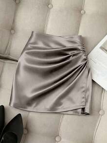 Falda ajustado plisada de cintura alta con dobladillo asimétrico brillante y elegante para mujer, primavera/verano - Gris - Ver 7