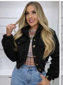 Women's Plush Teddy Coat With Buttons - - Black - View 1