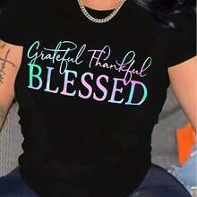 Camiseta de manga corta de verano para mujer con estampado de letras BLESSED, a la moda, casual, deportiva, holgada, de cuello redondo. - Negro - Ver 1