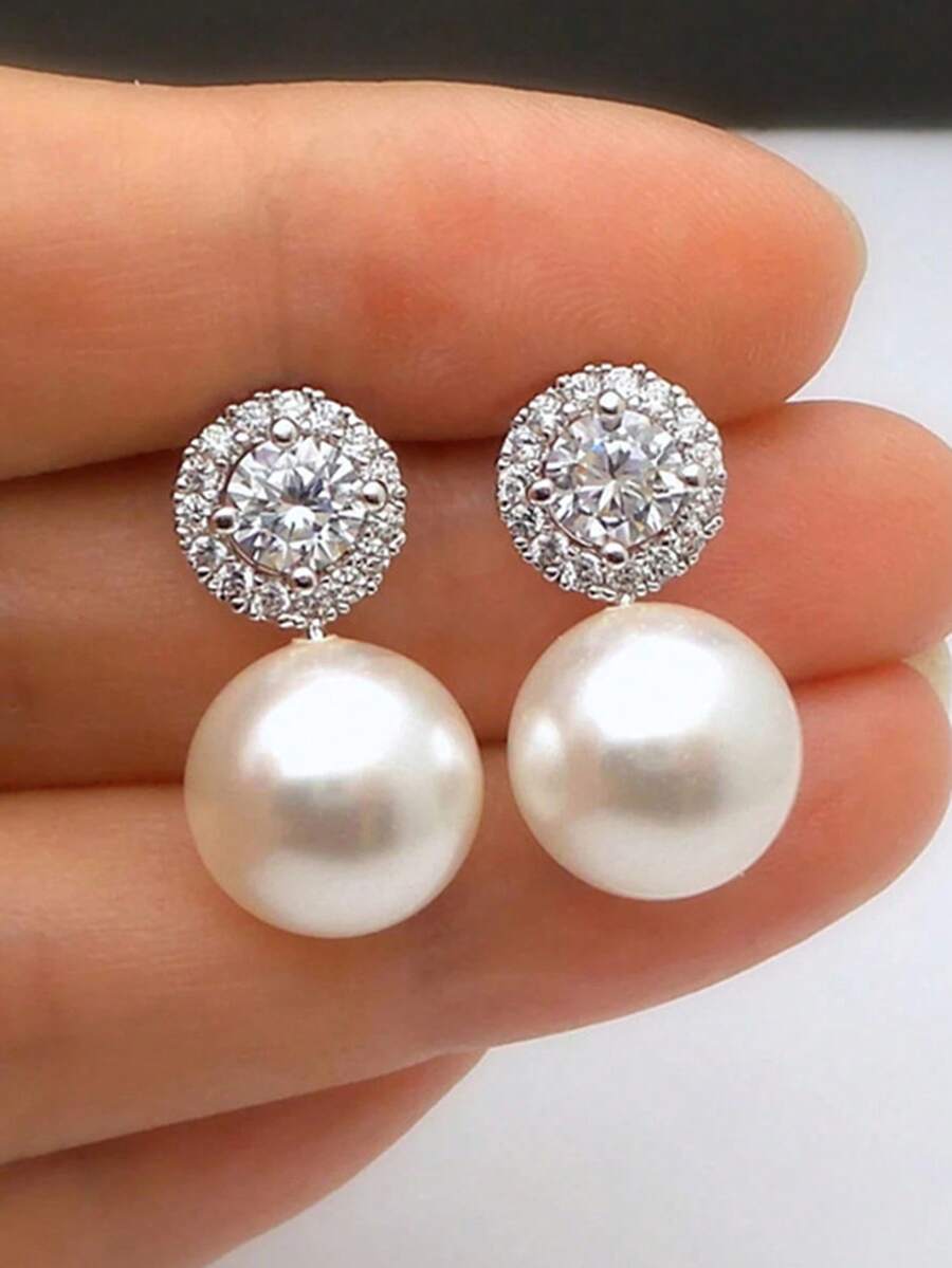1 Pair Cubic Zirconia & Faux Pearl Earrings, Fashionable For Teenagers, Suitable For Girls Daily Wear, Party Jewelry Or Birthday Gift - Silver - View 1