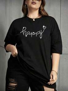 manga corta con cuello redondo para mujer, estilo casual, con estampado de letras, holgadas y a la moda, estilo americano informal para la noche. - Negro - Ver 8