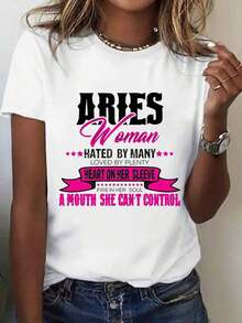Altamente recomendado: Camiseta gráfica del zodíaco Aries para mujer - 100% transpirable, cuello redondo, manga corta, con estampado de la mujer Aries y símbolos astrológicos, color rosa y corte cómodo informal, lavable a máquina, ideal para todas las estaciones, para atuendos casuales y regalos de cumpleaños o vacaciones (Temporada de Aries: marzo, fácil de combinar). - Blanco - Ver 1