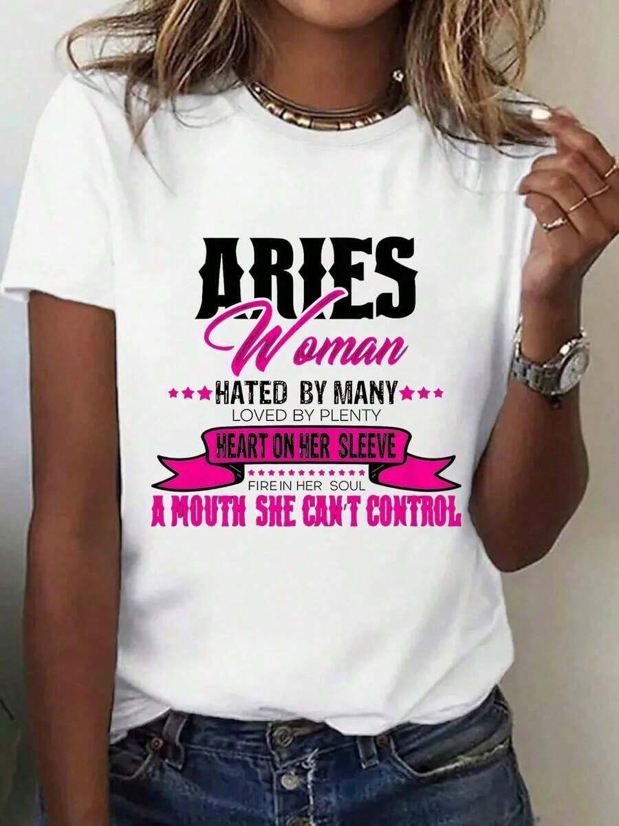 Altamente recomendado: Camiseta gráfica del zodíaco Aries para mujer - 100% transpirable, cuello redondo, manga corta, con estampado de la mujer Aries y símbolos astrológicos, color rosa y corte cómodo informal, lavable a máquina, ideal para todas las estaciones, para atuendos casuales y regalos de cumpleaños o vacaciones (Temporada de Aries: marzo, fácil de combinar). - Blanco - Ver 1