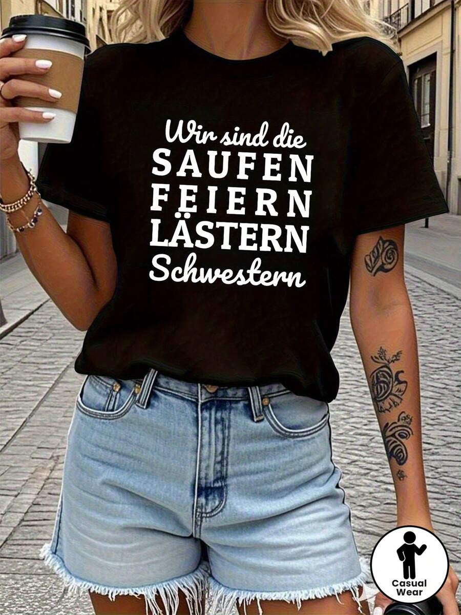 Wir Sind Die Saufen Feiern Lastern Schwestern Carta Imprimir camiseta, manga corta cuello de tripulación Top casual para verano y primavera, ropa de mujer