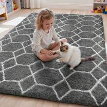 Sour Lemon Rugs Living Room 200x300cm, Grey Area Rugs For Bedroom, Washable Anti Slip Extra Large Shaggy Soft Rug Fluffy Modern Floor Carpets Mat Beside Carpet, Long Runner Rug For Hallway - Gray-white Hexagons - View 9