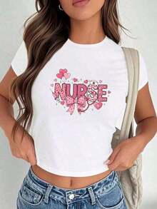 Conjunto para el Día de la Madre: Camiseta Corta para Mujer, Estilo Enfermera, Estampado de Corazón, Cuello Redondo, Manga Corta Casual, Top Corto de Moda, Estilo Atrevido, Camiseta de Algodón 100% de 220 g. Con estampado de mariposas, adecuada para niñas y mujeres, camiseta inspiradora de manga corta con cuello redondo, top de estilo Y2K estético y lindo, adecuada para actividades al aire libre, reuniones familiares, trabajo o uso diario casual y holgado - 100% algodón, suave, transpirable, top corto / camisetas cortas de mujer. - Blanco - Ver 8