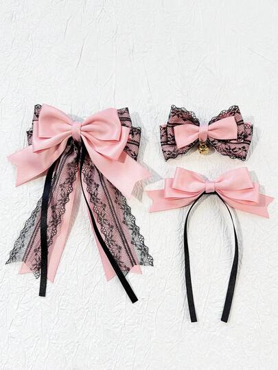 1pc Women's Fashion Elegant Gothic Lolita Style Pink & Black Lace Ribbon Bow Hair Clip, Alloy Duck Clip, Suitable For Daily Commute, Festivals, Parties, Outings, Gifting To Best Friends