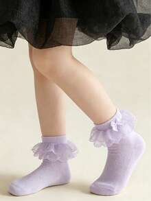 1 Pair Cotton Girls' Solid Color Mesh Socks With Double Lace, Dance Party Socks - Lilac Purple - View 8
