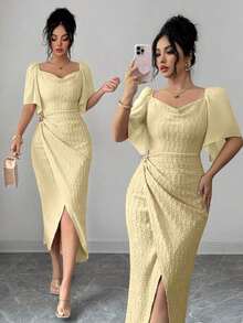 xheModelyn Vestido elegante ajustado con cuello de volantes, mangas de pétalos y hebilla metálica de bloque de color para mujer, primavera/veranoxhe - Amarillo - Ver 7